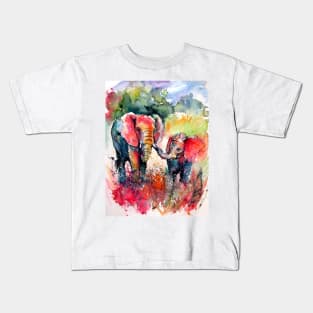 Colorful elephant with baby on the field Kids T-Shirt